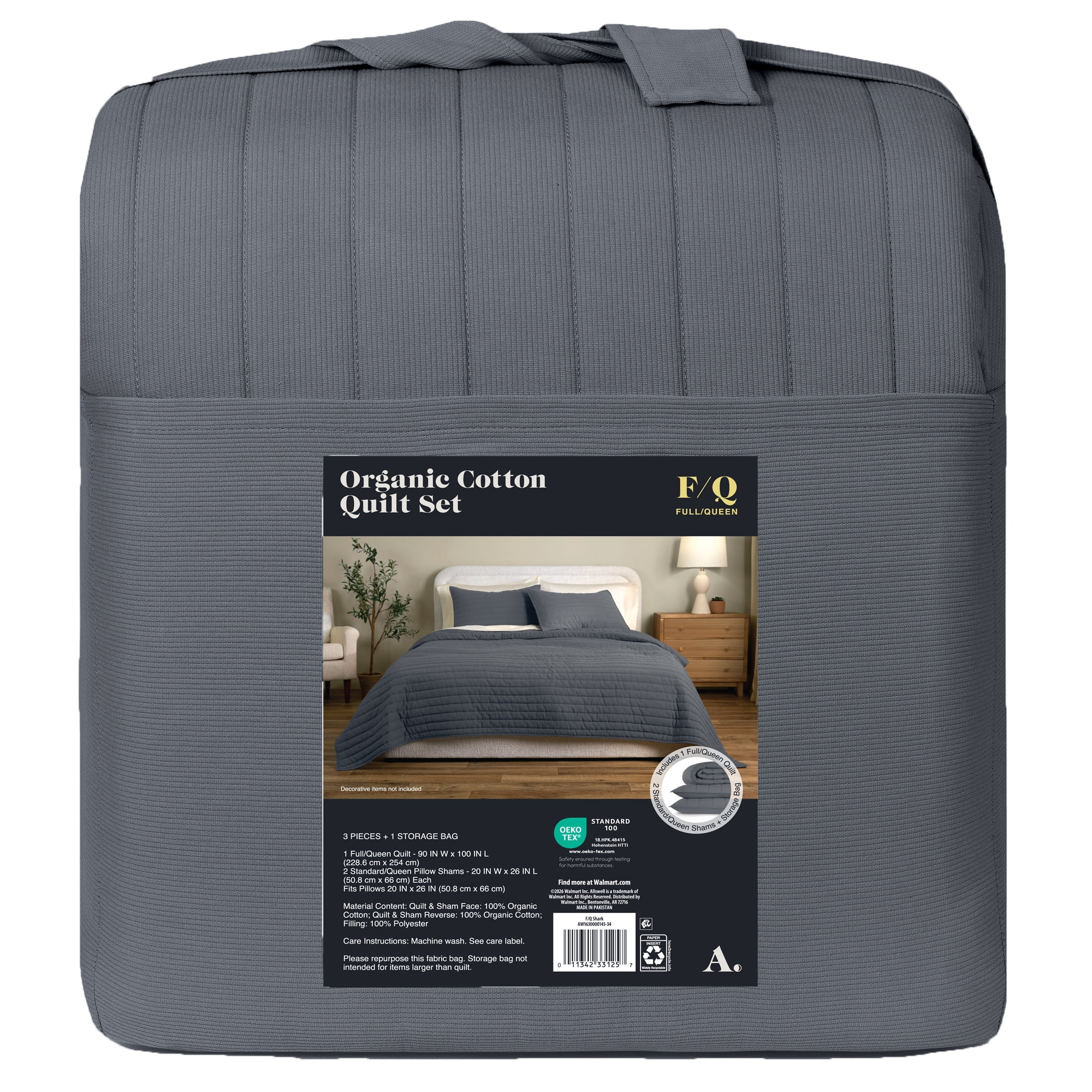 Allswell Organic Cotton 3-Piece Quilt Set, Gray Shark, Full/Queen
