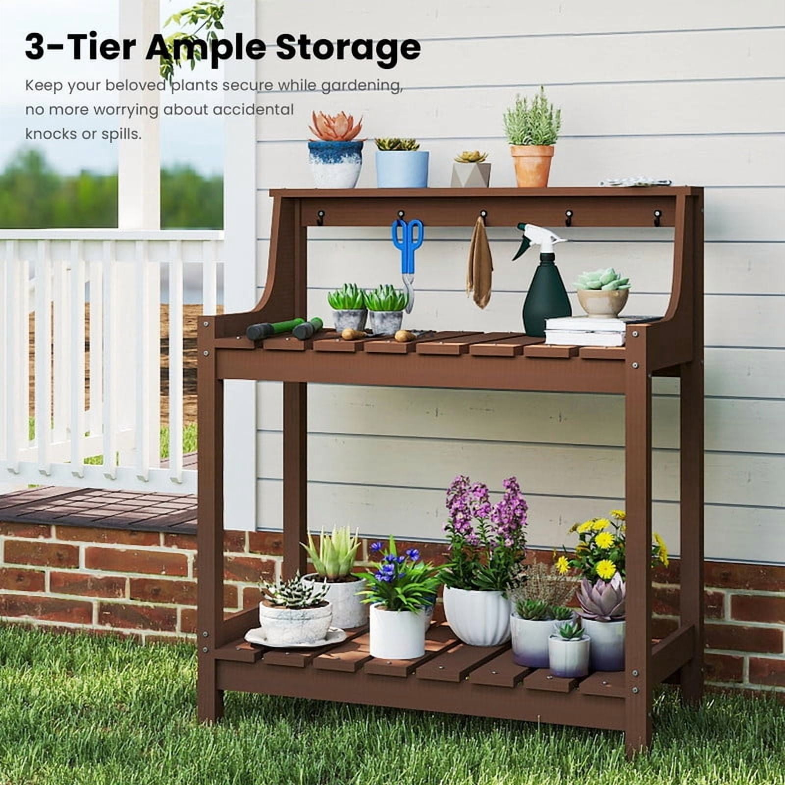 Howcool HDPE Outdoor Potting Bench with Storage & Hooks, 3-Tier Heavy-Duty Garden Workstation Table, All-Weather Potting Table for Patio & Backyard, Brown
