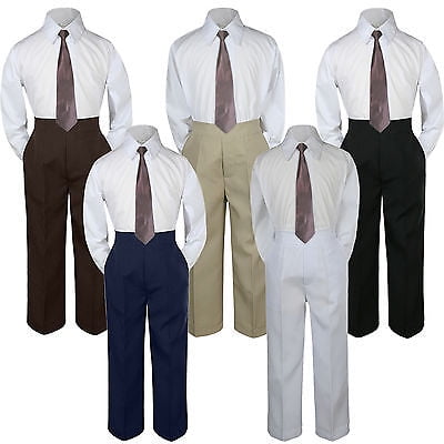 

3pc Brown Chocolate Tie Suit Shirt Pants Set Baby Boy Toddler Kid Uniform S-7