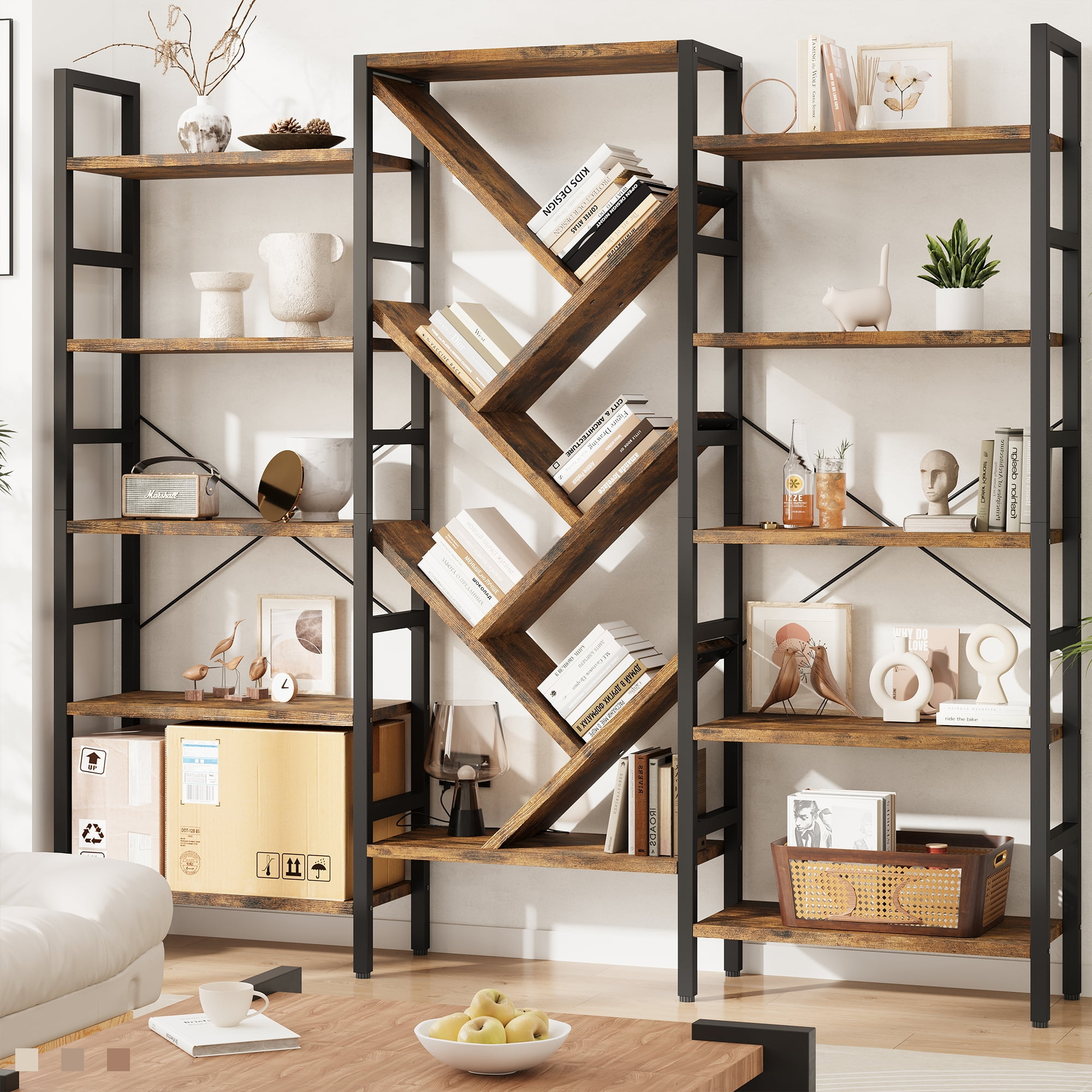 Triple 5 Tier Bookshelf, Large Wooden Bookcase with 17 Open Display Shelves, Modern Tree Book Shelf Metal Frame Tall Bookshelves Furniture for Living Room Bedroom Home Office Rustic Brown