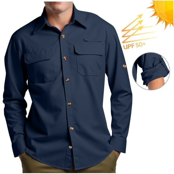 Sun Protection Shirts for Men with Pockets UPF 50  Long Sleeve Tshirts Shirt Button-Down Collared Casual Solid Color Breathable Hiking Fishing Tops