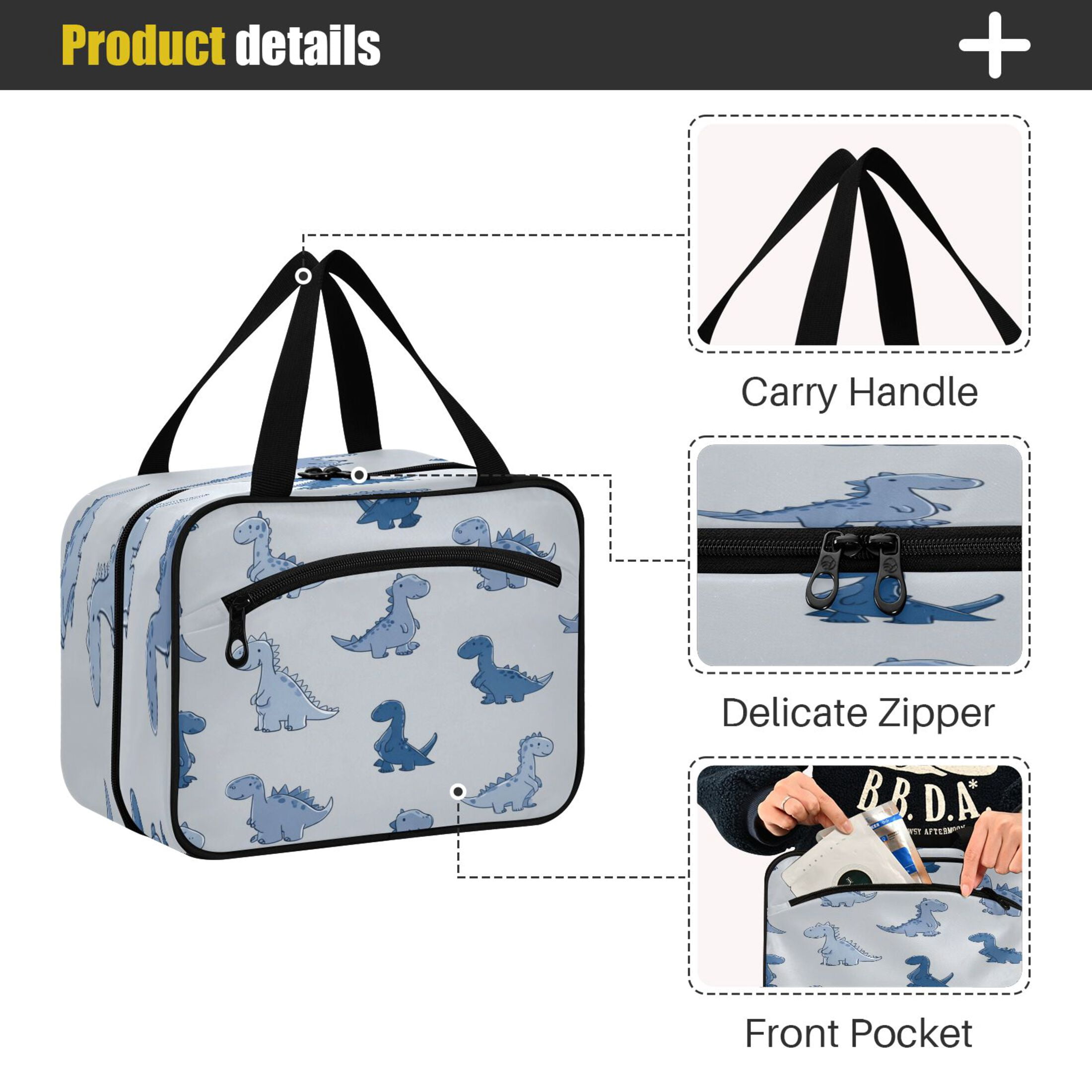 Travel Toiletry Bag with Metal Hook Large Capacity Cosmetic Bag Toiletry Bags for Travel, Gym, Camping Cute Blue Dinosaurs