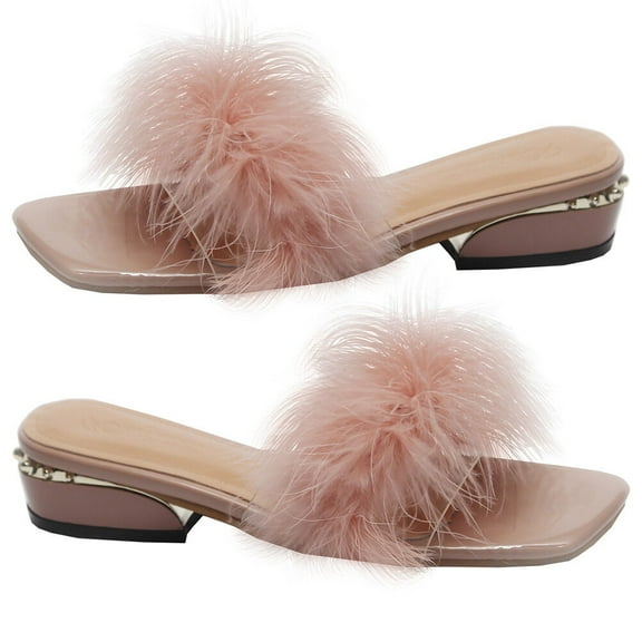 STRANDCHIC 1Pair Pink PU Rubber Woman Summer Slipper Open Toe Chunky Heel Beach Sandal Comfortable