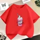 thumbnail image 3 of Camiseta de algodón con dibujos animados de batido de fresa para niñas, linda camiseta rosa con gráficos de manga corta para niños, ropa para bebés, 3 of 5