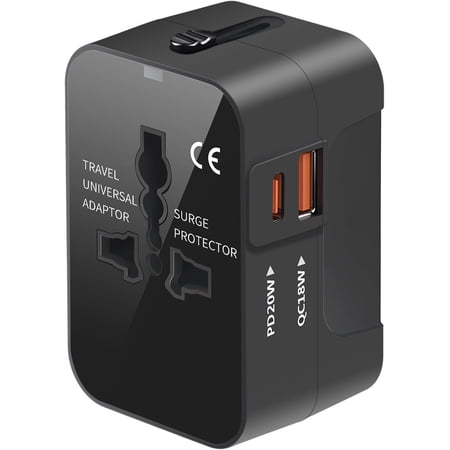 Universal Worldwide Travel Adapter, GaN Fast Charger with PD3.0 USB-C&USB-A Ports, All-in-One International Plug Converter, Bright Black