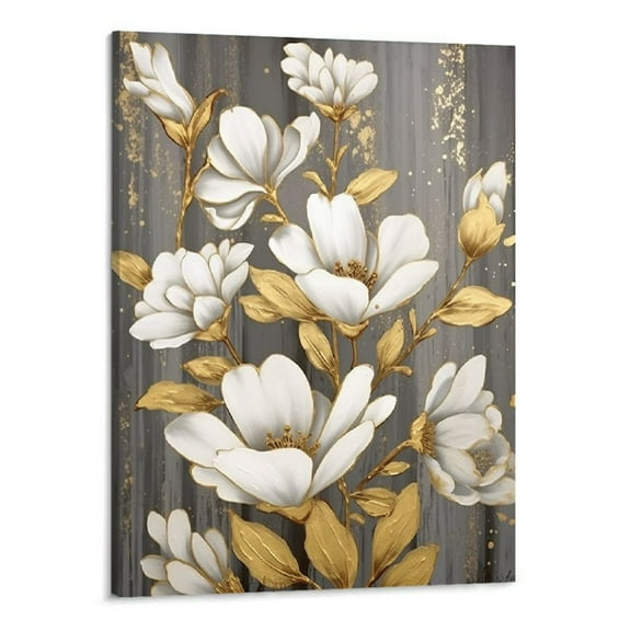 Creowell White Magnolia Canvas Painting Flowers with Gold Design Wall Art Picture Elegant Floral Print Artwork for Modern Living Room Kitchen Bathroom Decor Ready to Hang - 16x20 Inches