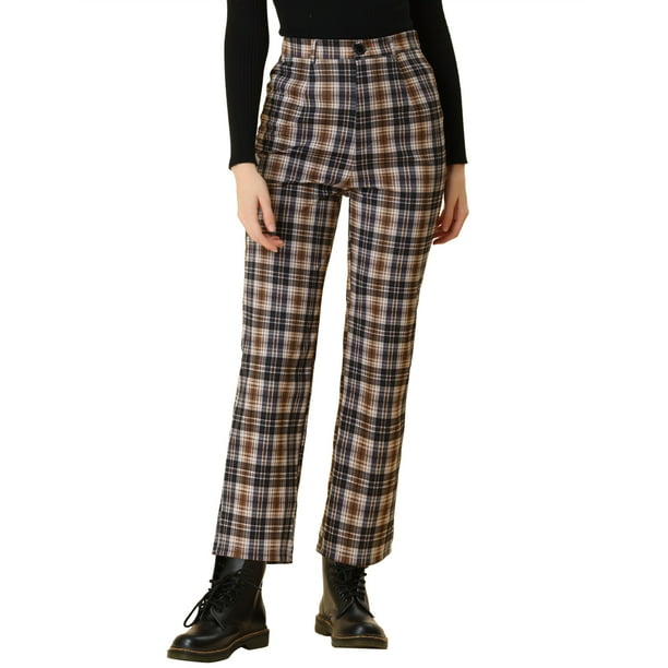 Pantalones de Tobillo A Cuadros Allegra K Trabajo Casual Con Botones Amarillo XS