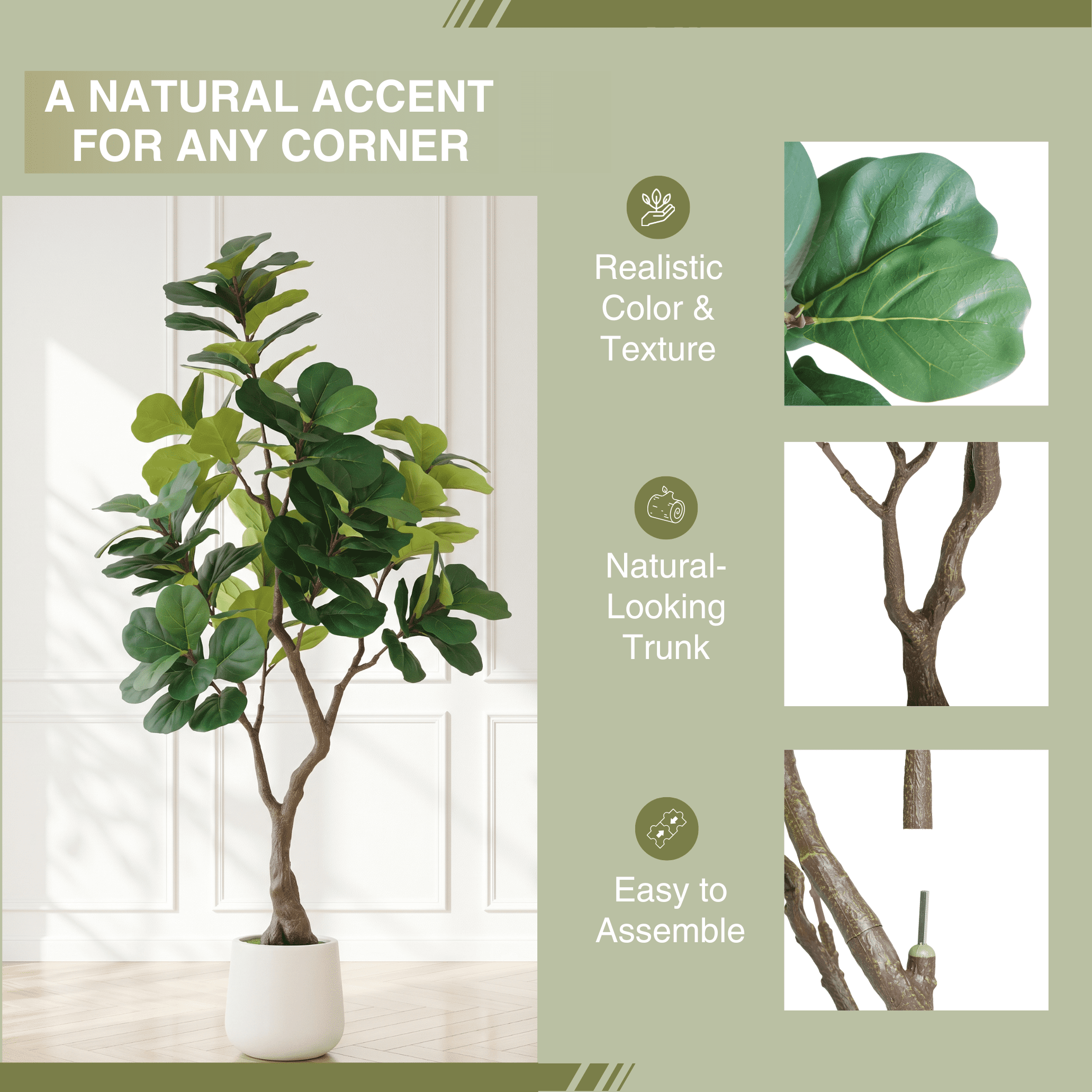 6FT Artificial Fiddle Leaf Fig Tree with White Planter Pot,Faux Indoor Plant for Home Office Living Room Decoration