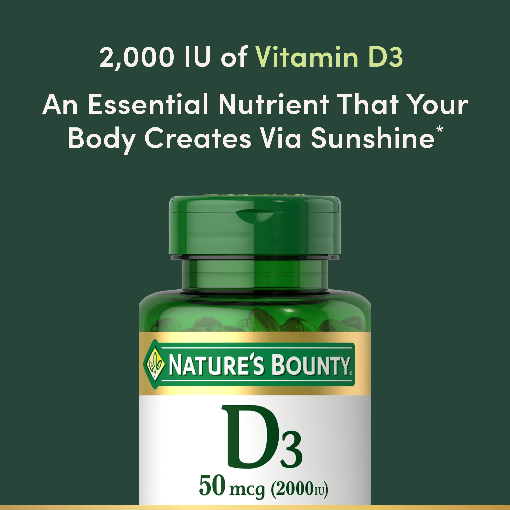 Nature's Bounty Vitamin D3 Cholecalciferol, Immune and Bone Health Support, 50 mcg Softgels, 240 Count