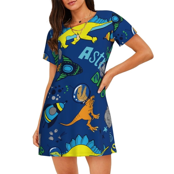 Fotbe Dinosaur In Space Bata de Dormir para Mujer con Estampado, Camisón de Algodón de Manga Corta, Ropa de Dormir Casual
