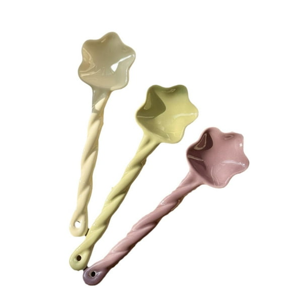 3 Piezas Cucharas de Cerámica Cucharas de Sopa Lindas y Creativas para Mujeres Cucharas de Comedor de Color Esmaltado con Mango Largo Retorcido