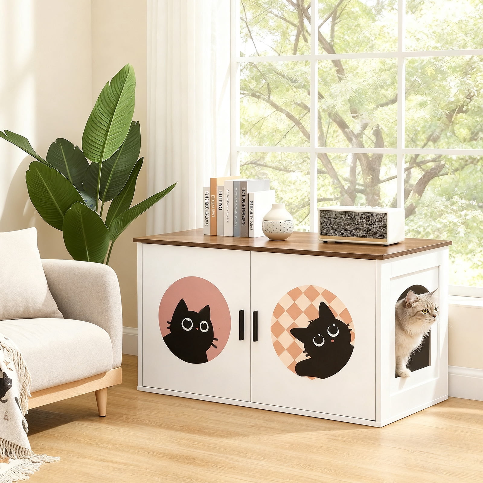 HOOBRO Cat Litter Box Enclosure, Hidden Litter Box Enclosure Furniture with Cute Cat Patterns and Arched Entrance, Litter Box Cabinet, Side Table, for Living Room, White and Walnut WH08MW01