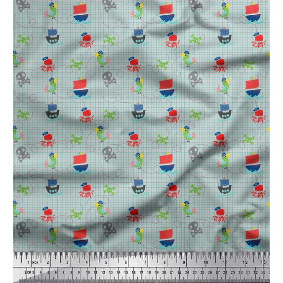 Soimoi Gray Silk Fabric Octopus & Sailboat Geometric Print Fabric by Yard 42 Inch Wide