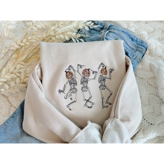 Dancing Skeletons Pumkin Heads Embroidered Sweatshirt