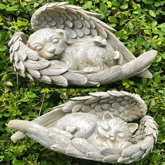 Ludlz Design Dog Cat Angel Pet Memorial Grave Marker Tribute Statue, 5 Inch, Poly resin, Stone Finish Angel Wing Design Exquisite Resin Garden Home Ornament Accessories for Decor