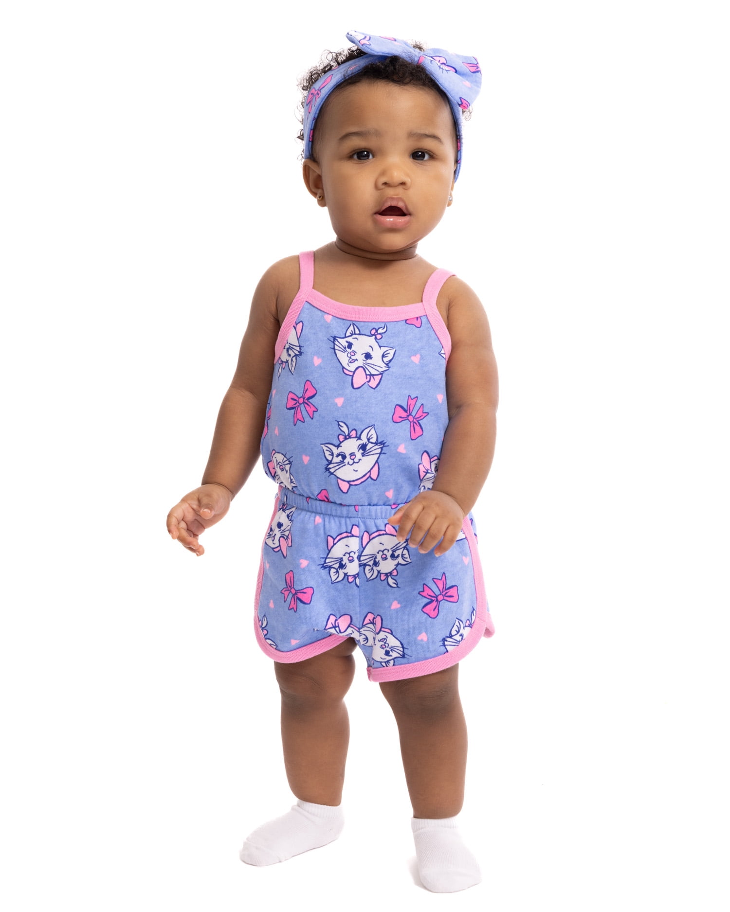 Disney Classics Marie Baby Girls Spaghetti Strap Print Romper with Matching Bow Headband, Sizes 0/3M-24M