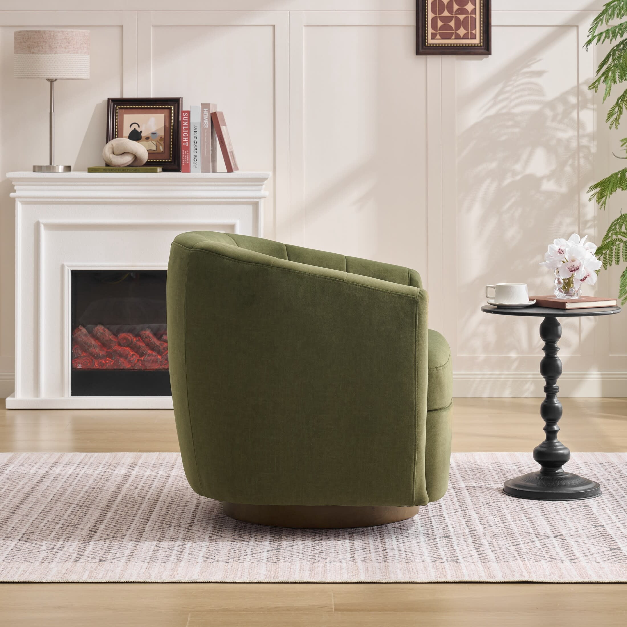 Noble House Swivel Accent Chair with Solid Wood Base, Velvet Upholstered Armchair for Living Room, Green