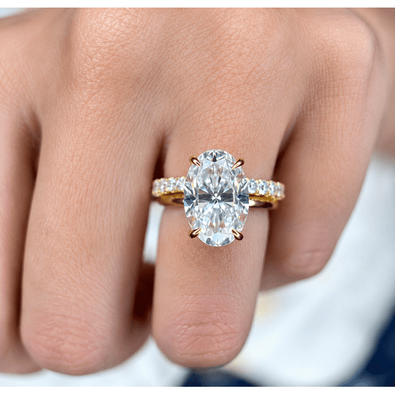 Jewelerix 2pc Oval Cut Moissanite Bridal Ring, 10K Vermeil Yellow Gold Ring Hidden Halo Engagement Ring with Pave Band, Ring Set for Women