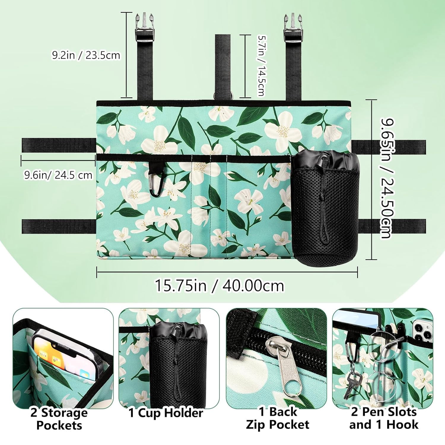 Rhino Valley Walker Bag, Multi Pockets Folding Walker Basket Tote Bag with Cup Holder, Hand-Free Carry Pouch Storage Bag for Universal Walkers, Large Capacity Organizer for Seniors Elderly, Flower