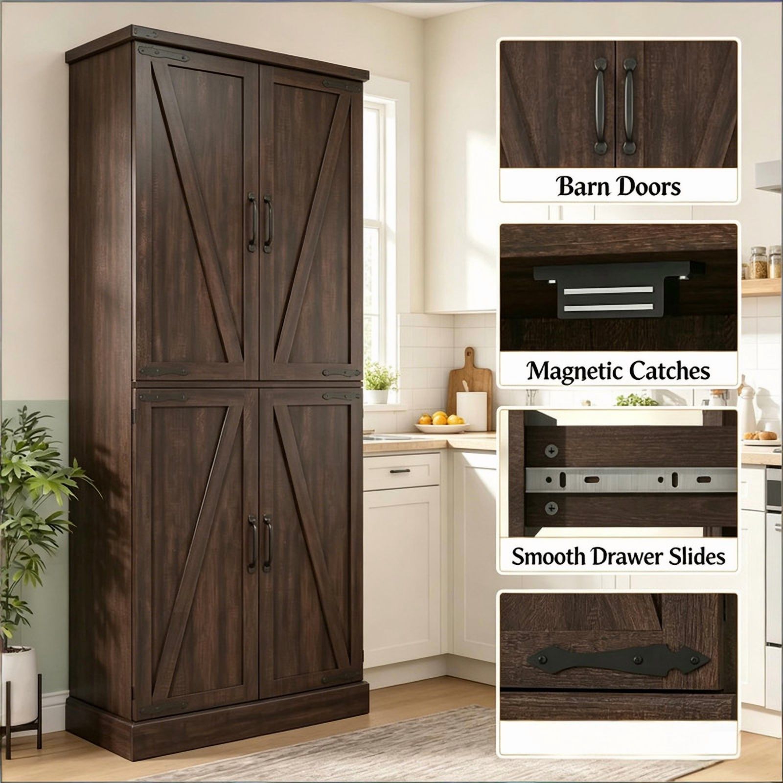 Farmhouse Style Storage Cabinet with Side Rack, Home Bar Sideboard Organizer, Kitchen Pantry Cabinet with Adjustable Shelf