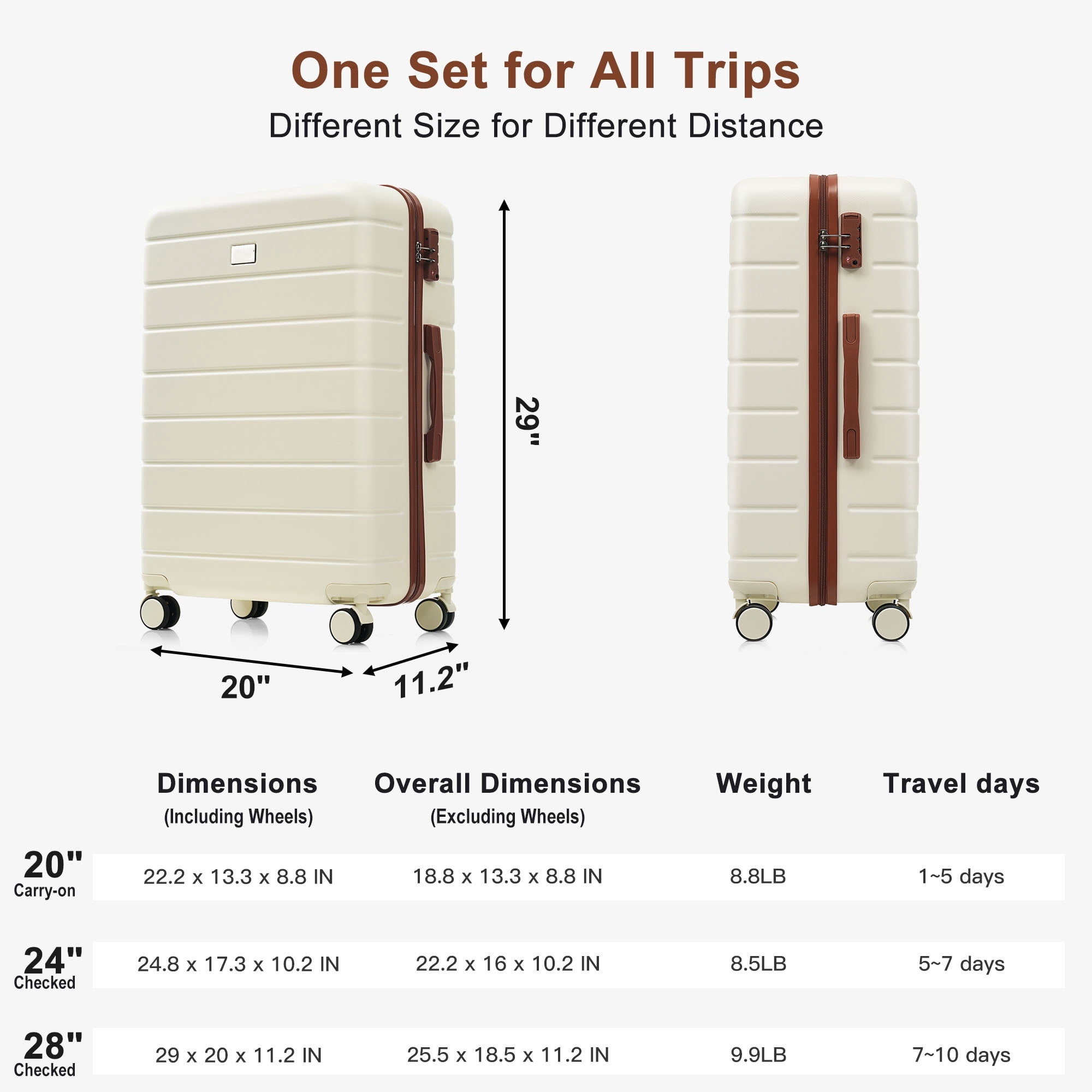 Euroco 3 Piece Luggage Sets, Lightweight Durable ABS Suitcase with Spinner Wheels and TSA Lock for Men Women(20"/24"/28"),Ivory