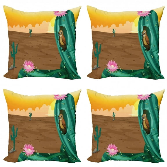 Ambesonne Colorful Throw Pillow Cover 4 Pack, Desert Cactus and Bird, 18", Multicolor