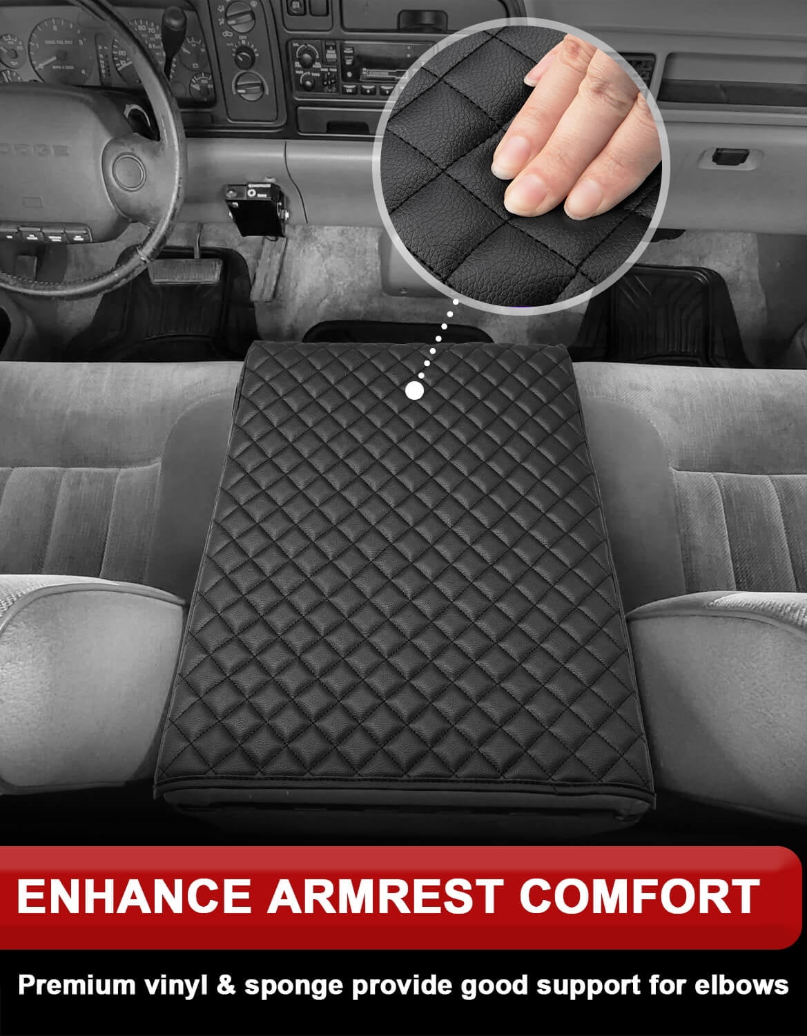 KBH Center Console Cover for 1994-2001 Dodge Ram 1500 2500 3500 Accessories, 19"x15" Jump Seat, Black Leather Armrest Lid Cushion Pad for Truck Interior