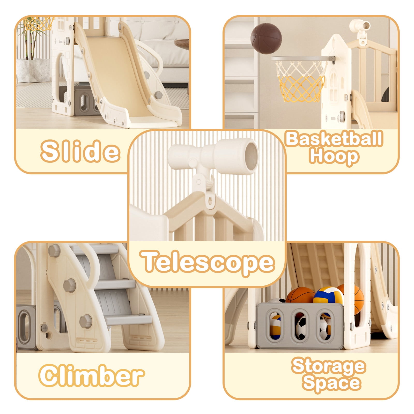 XJD 5 in 1 Toddler Slide, Kids Climber Slide with Basketball Hoop and Ball, Indoor Outdoor Playset for Toddlers Age 1-4 (Coffee)
