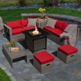 thumbnail image 2 of Patiojoy 9 Pieces Outdoor Patio Furniture Set with 32-Inch Propane Fire Pit Table Outdoor PE Wicker Space-Saving Sectional Sofa Set with Storage Box and Cushions Red, 2 of 9