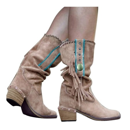 

Dyfzdhu Women s Casual Sleeve Heels Ladies Squ Boots Fringed Retro Are Shoes Women s Boots