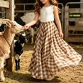 thumbnail image 5 of Classic Gingham Check Tiered Girls Maxi Skirt, Wide Flowy Swing Elastic Waist Long Skirt for Kids Weekend Casual Shopping Trips Khaki 140, 5 of 7