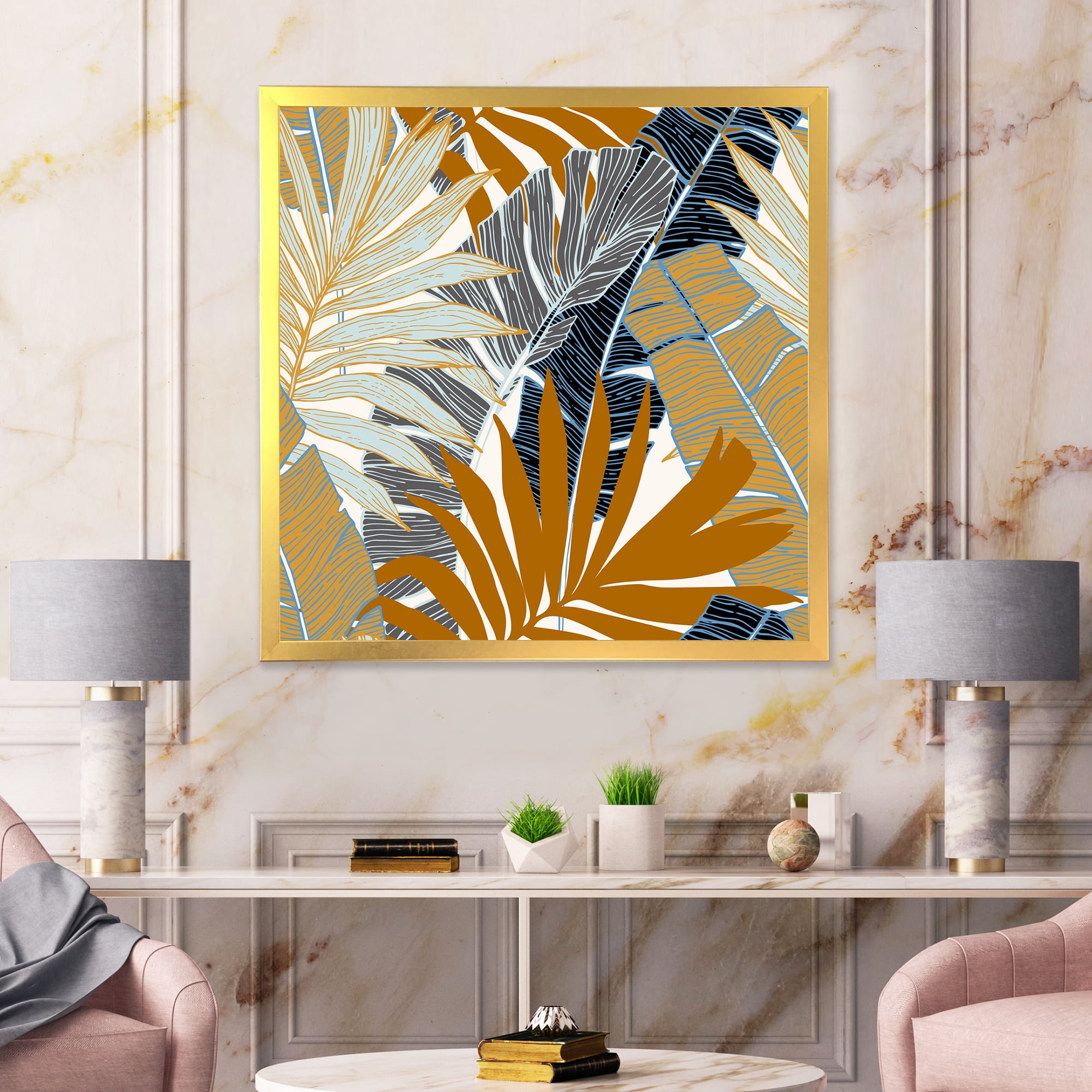 Designart 'Abstract Tropical Summer Banana Leaves and Palm Tree' Modern Framed Art Print