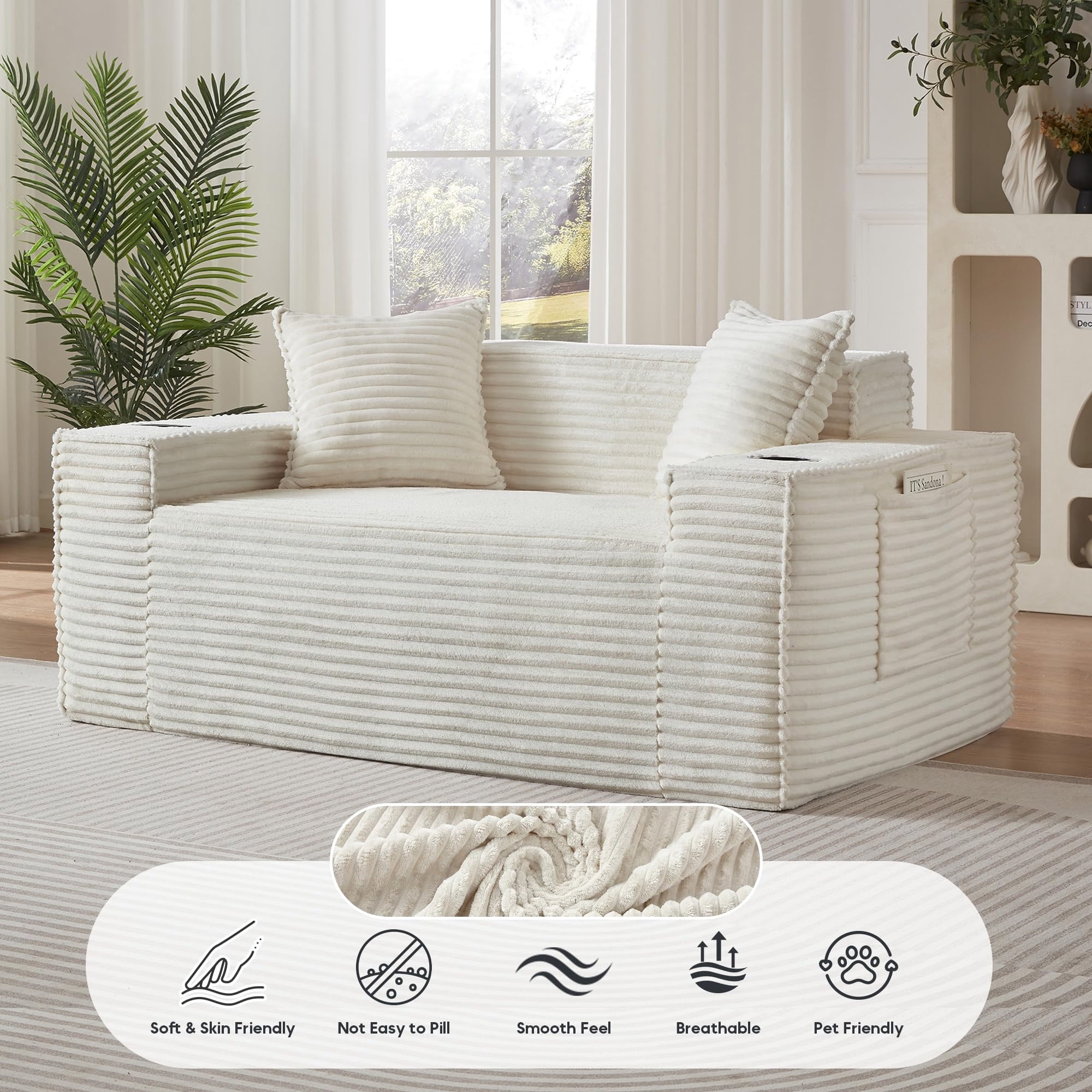 Aukfa 3 Piece Boneless Couch Set, Small Loveseat Cloud Sofa for Living Room, 2 Cup Holders&Storage Pockets, Corduroy, White