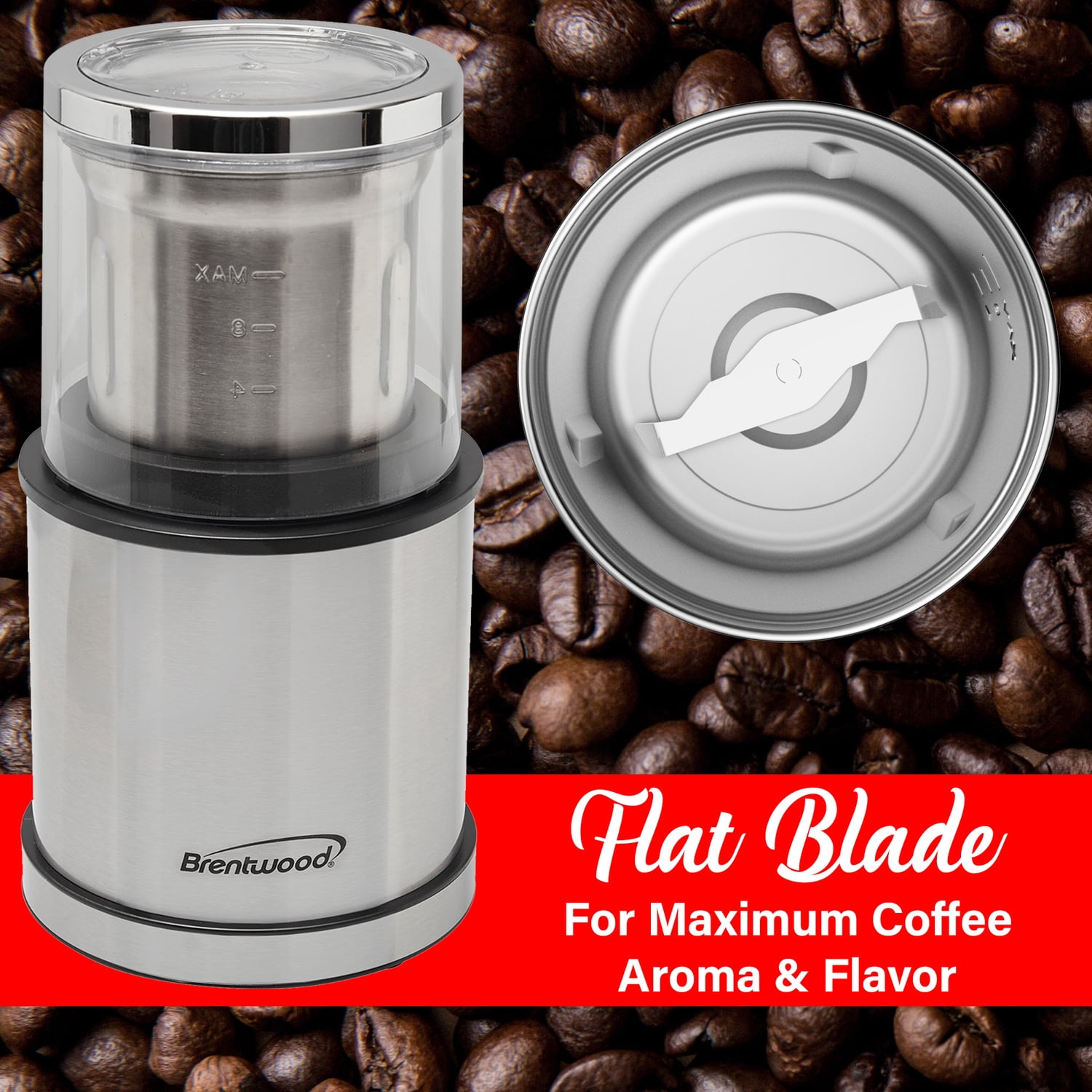 Brentwood 75-Gram Electric Stainless Steel Wet-and-Dry Coffee Bean, Herb, and Spice Grinder with 2 Removable Bowls, CG-162S , CG-162S
