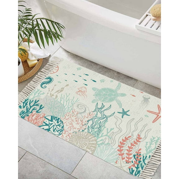 Coastal Turtle Bath Rug 2x3ft Woven Bathroom Entryway Runner Rug,Teal Green Ocean Coral Starfish Jellyfish Washable Living Room Hallway Bedroom Kitchen Carpet with Tassels,Indoor Outdoor Doormat