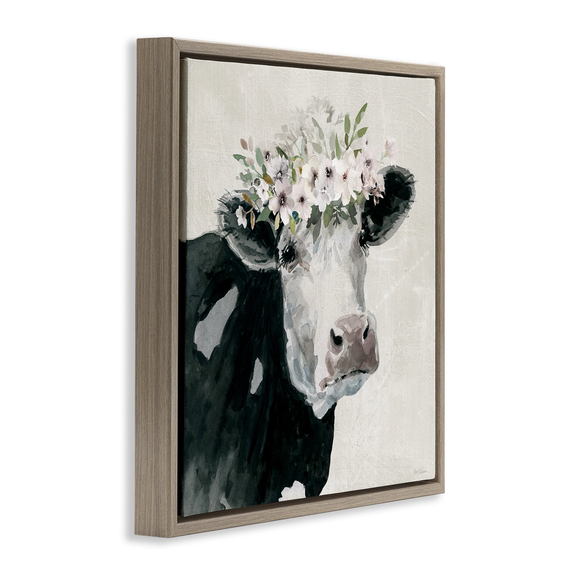 Stupell Industries Gazing Cow with Florals Animals & Insects Painting Brown Floater Framed Canvas Art Print Wall Art, 25 x 25