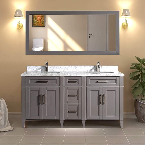 Vanity Art 60" Double Sink Bathroom Vanity Combo Set 5-Drawers, 2-Shelves Carrara Marble Stone Top Under Sink Cabinet with Mirror