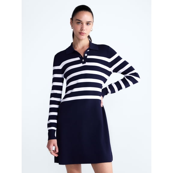 Free Assembly Women's and Women's Plus Polo Sweater Dress with Long Sleeves, Sizes XS-4X