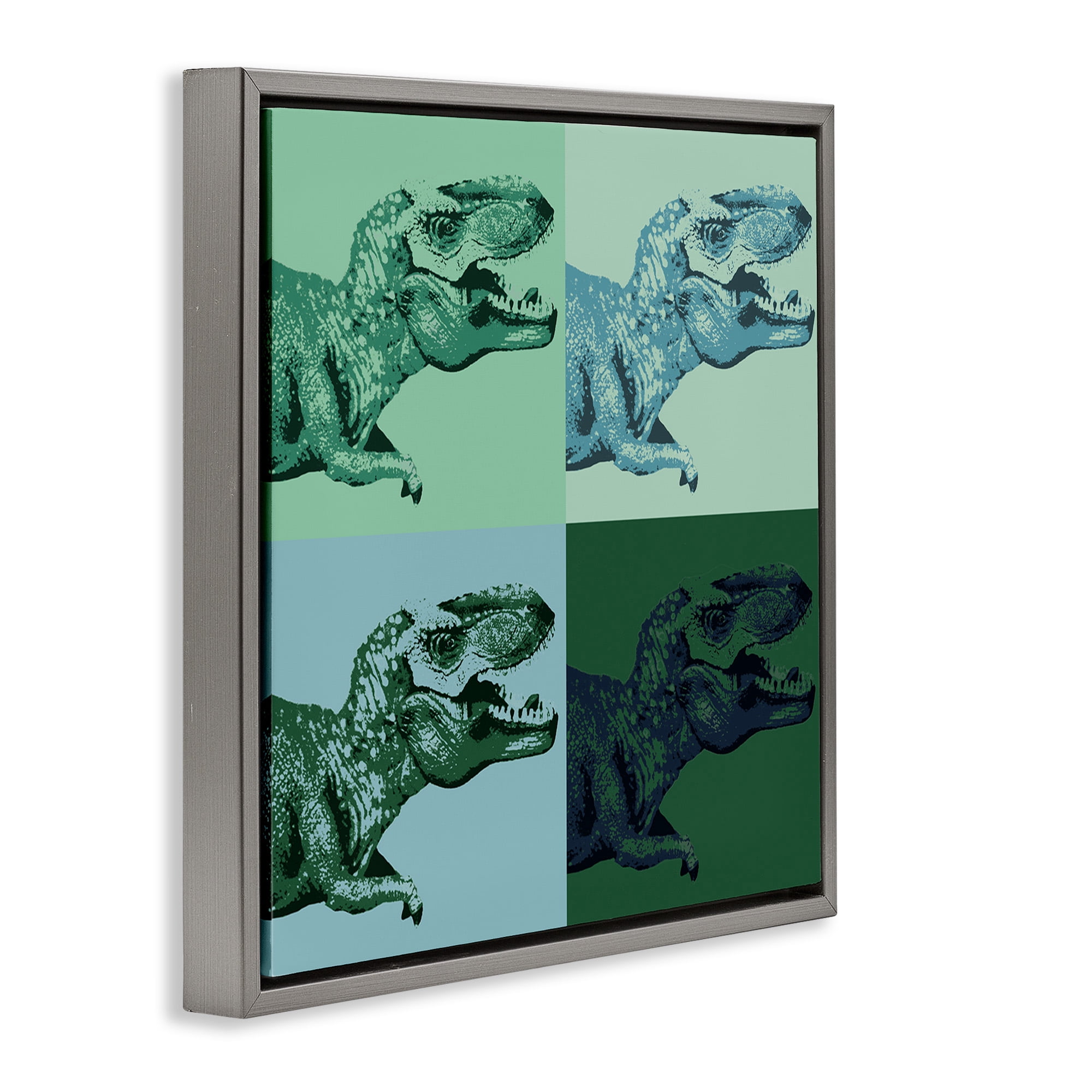 Stupell Industries Vintage Roaring T-Rex Dinosaur Animals & Insects Painting Gray Floater Framed Canvas Art Print Wall Art, 18 x 18