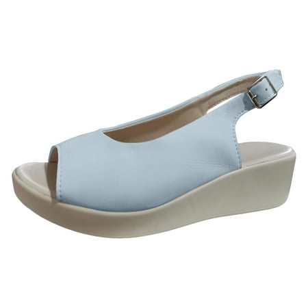 

MIASHUI Womens Sandals Shoes Solid Colour Leather Thick Bottom Slope Heel Large Size Buckle Fish Mouth Sandals Casual Summer Shoes Blue 8