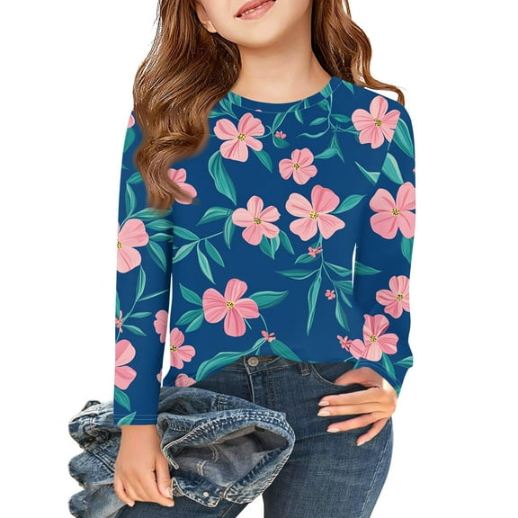 Abcomgle Girls Long Sleeve T Shirts Size 7-8 Trendy Hawaiian Floral Print Crewneck Shirts for Kids Girls Fall Basic Top for Girls Cotton Girls Blouses 4-5 Years,Blue
