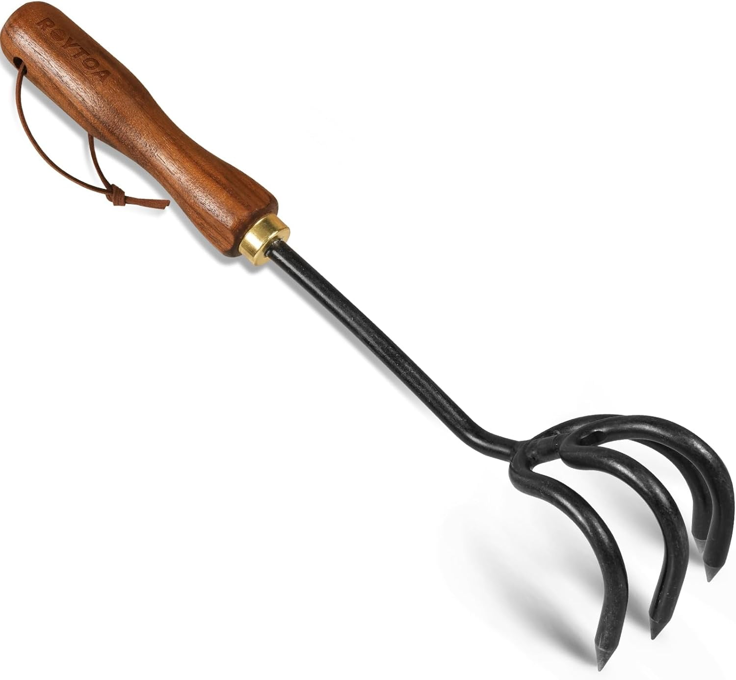 RGHJAR-Hand Cultivator Rake, Ergonomic Small Garden Rake with Walnut Handle & 4 Durable Tines, Garden Tools for Weeding, Digging and Cultivating