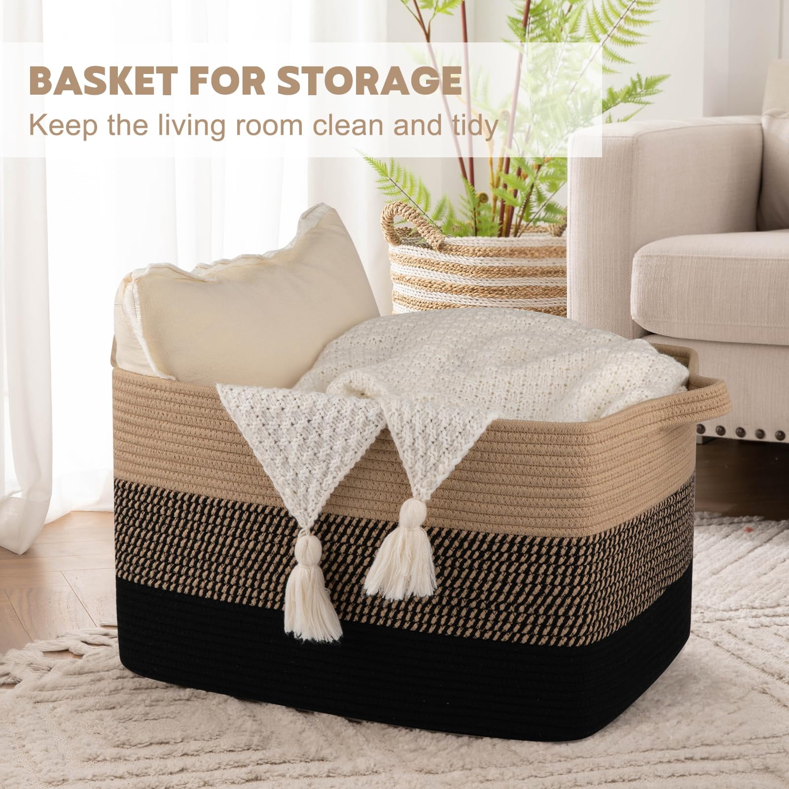 Extra Large Blanket Basket, 95L Woven Storage Basket, Cotton Rope Toy Bin for Baby Room, Container for Storage in Living Room, 24''×17''×14'', Black & White