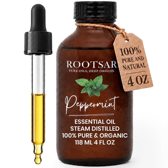 Rootsar Peppermint Essential Oil – 100% Pure Organic Peppermint Oil, Steam Distilled, 4 FL OZ / 118 ML – Premium Essential Oil for Diffuser, Aromatherapy, Massage, Skin Care, Candle & Soap Making