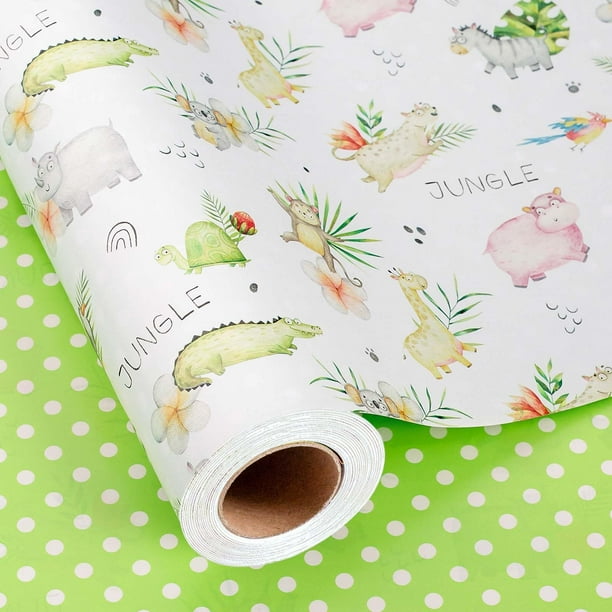 Papel de regalo reversible Burymento con diseño de animales y lunares, 43 cm x 10 m
