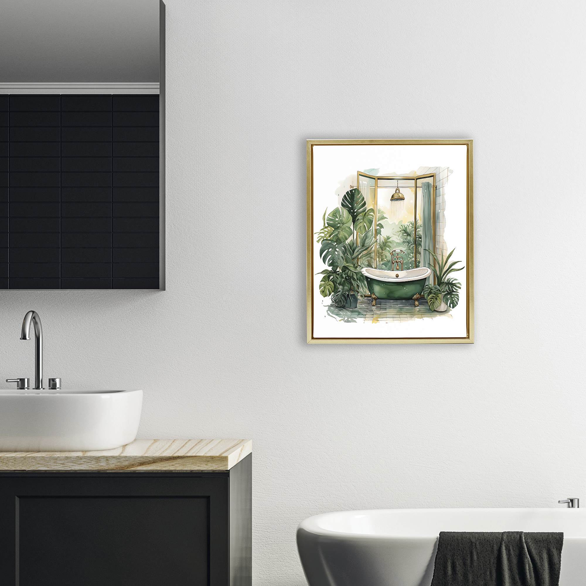 Bathtub in Tropical Oasis Gold Framed Floater Canvas Wall Art, design by Lettered and Lined