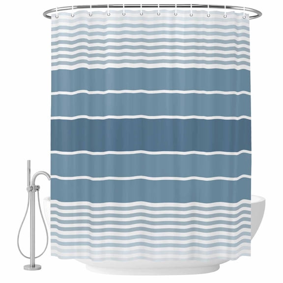 Minimalist Bathroom Shower Curtains with Hooks, Country Haze Blue Gradient Stripes Waterproof Fabric Washable Shower Curtain for Home Hotel Bathtub Decor 36x72 Inch