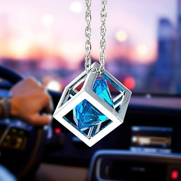 Blue Diamond Cube Crystal Car Rear View Mirror Charms, Bling Car Accessories, Sun Catcher Hanging Ornament w/Chain, Car