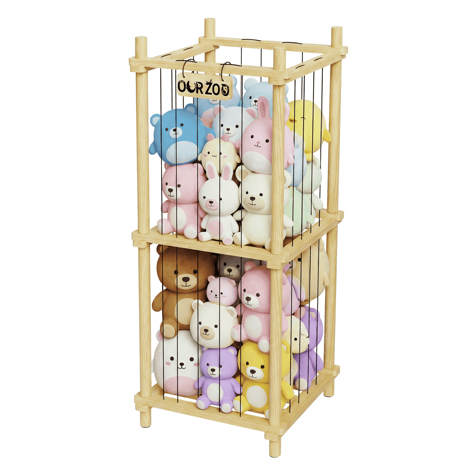 Stuffed Animal Zoo Storage Cage, 41'' Extra Large Toy Storage Bin Display for Kids Room, Playroom, Plushies, Stuffy, Toys Organizer Holder Basket, Wood
