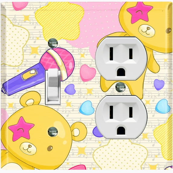 Metal Light Switch Wall Plate Outlet Cover (Yellow Teddy Bear Karaoke Hearts Music Bow - Single Toggle Single Duplex)